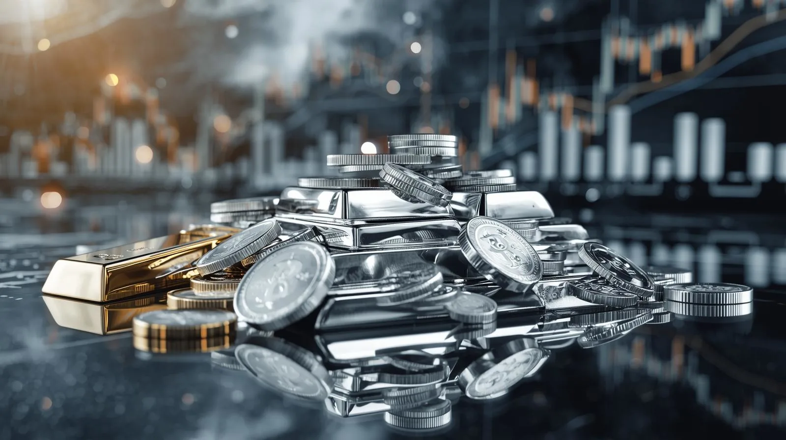 Silver bars and coins with gold