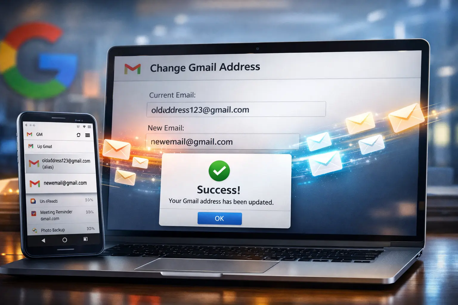 Change Gmail address without losing data